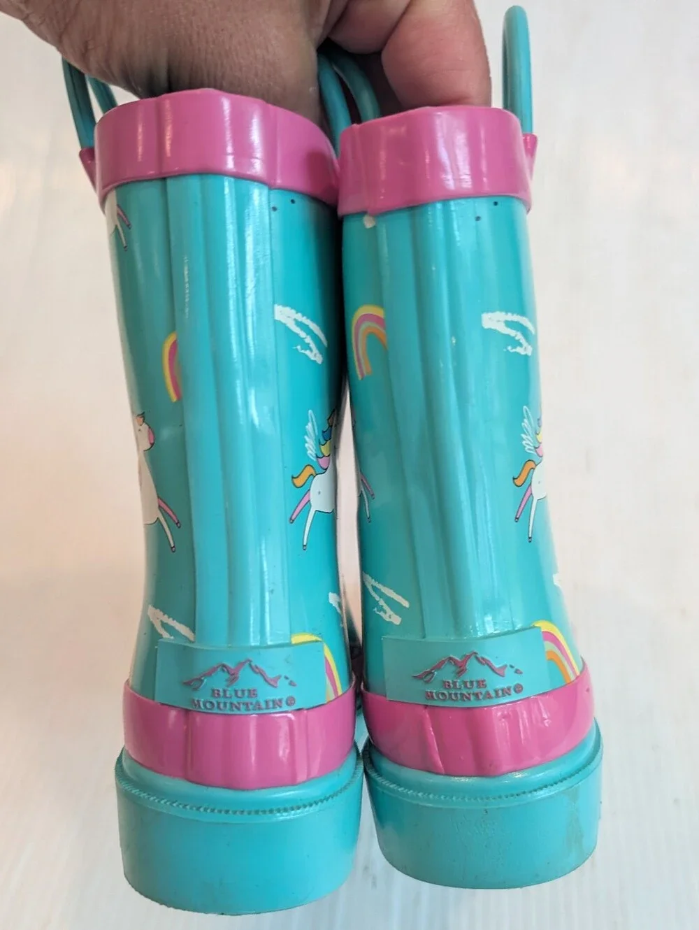 BLUE MOUNTAIN Kids Teal Unicorn Rain Boots with Pink Trim Size 9/10